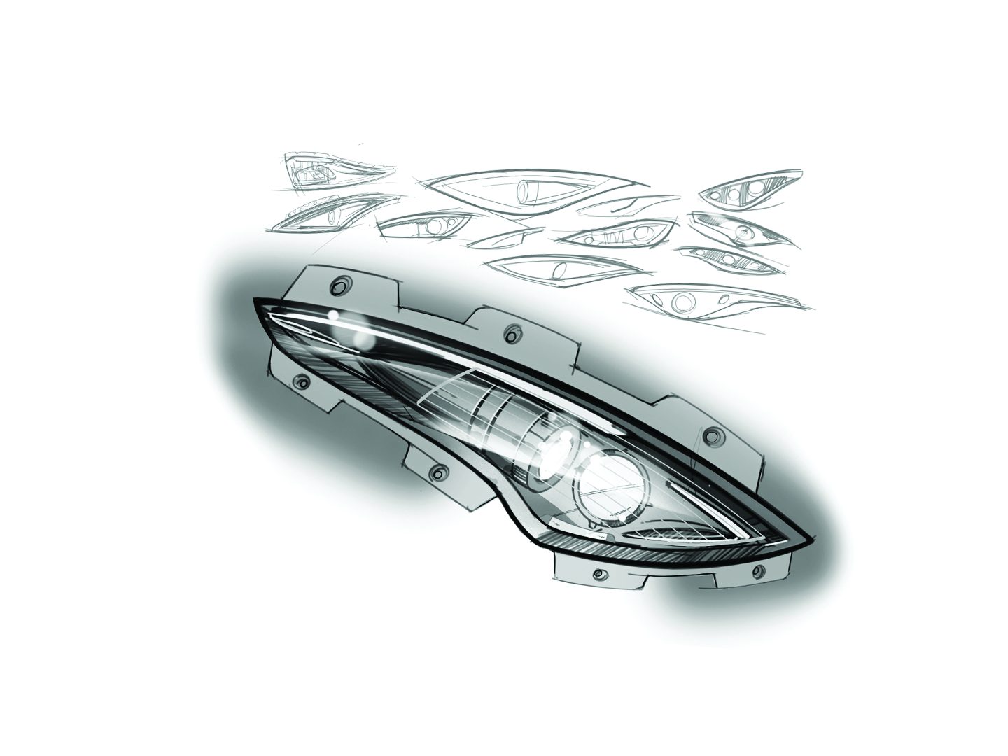 Custom headlamp concept render over ideation sketches
