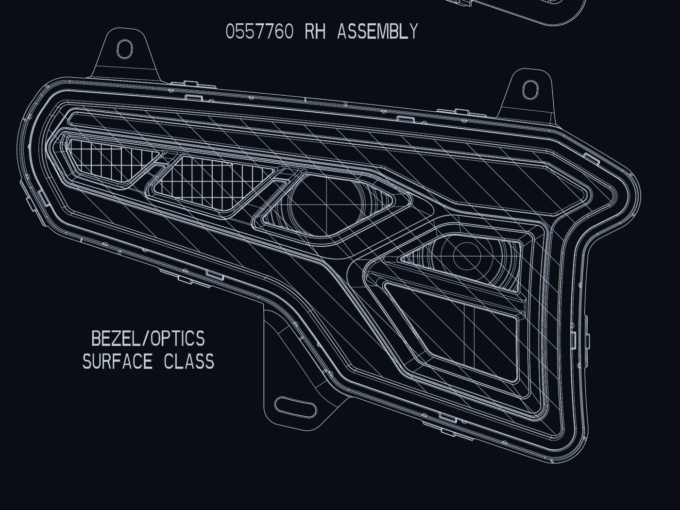CAD surface drawing of a lamp bezel and optics assembly