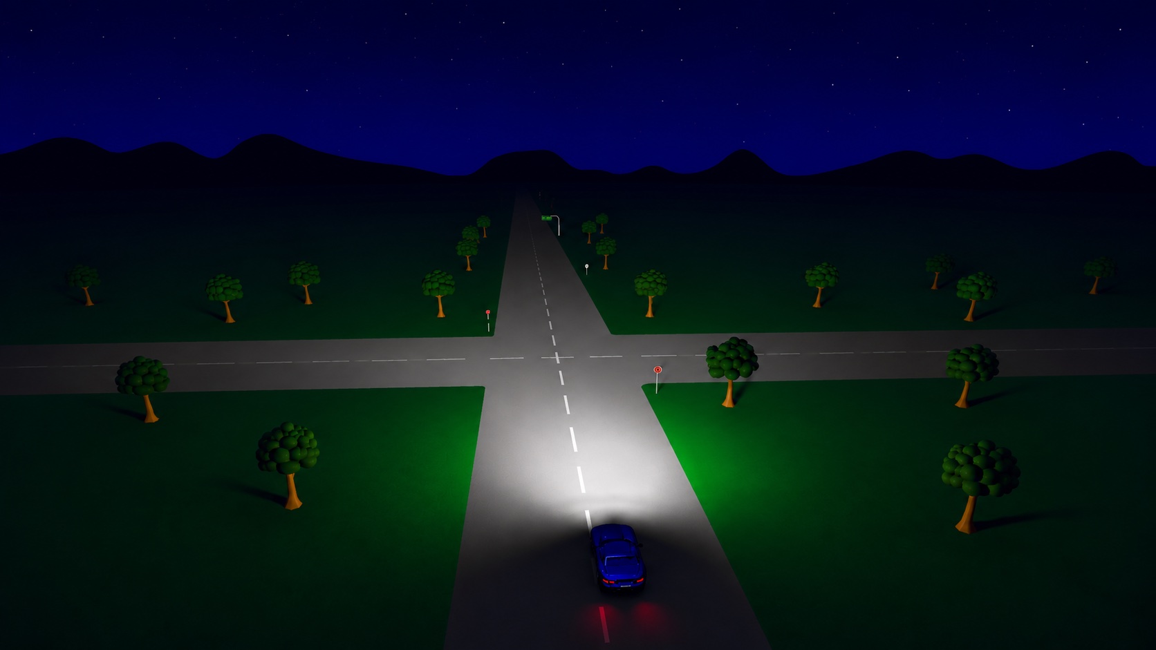 VR photometric simulation: the beam pattern lighting a rural intersection from above